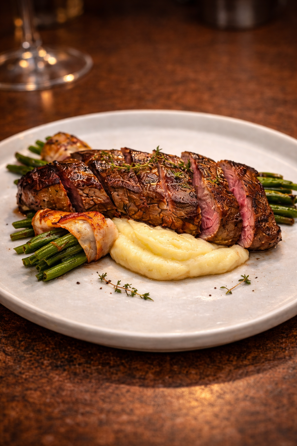 Rumpsteak mit Püree und Bohnen